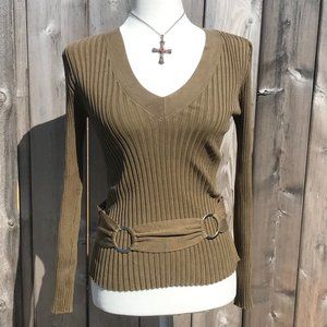 Tracy M Silk Olive Green Belted Rib Knit Top  M